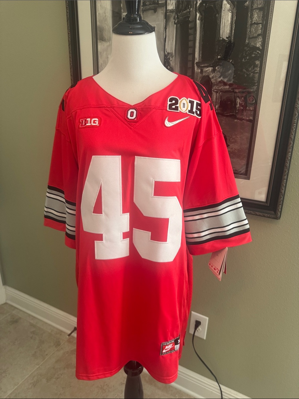 Nike Scarlet Red Football Jersey with White #45 and Black Sleeve Stripes